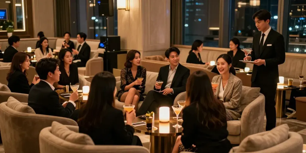 강남타이밍에서 고급스럽고 아늑한 분위기의 유흥 공간을 즐기는 고객들