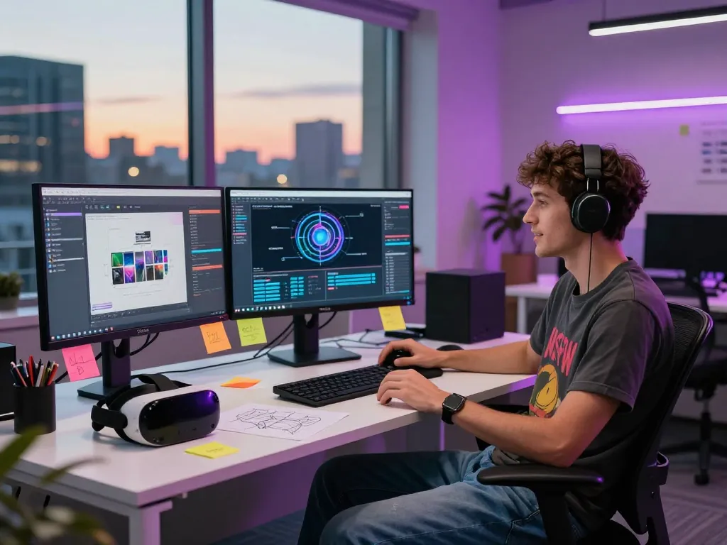 Developer exploring NSFW AI innovations in a dynamic digital workspace during sunset.