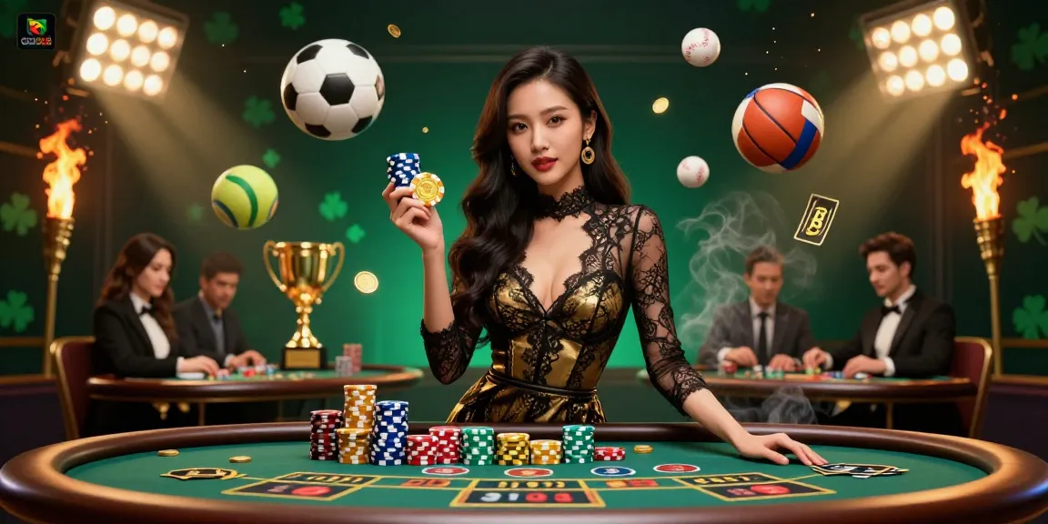 Experience the thrill of betting with GOOD88 at an exclusive baccarat table, filled with golden chips and vibrant sports elements.