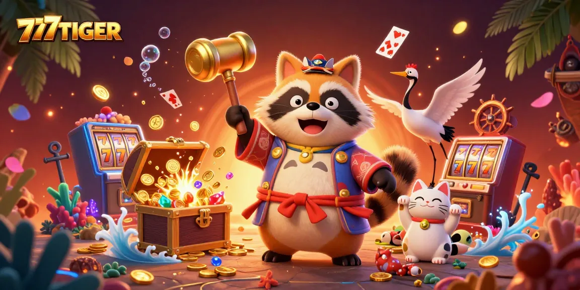 Engage with 777TIGER's thrilling slot games and festive atmosphere, showcased with cheerful characters.