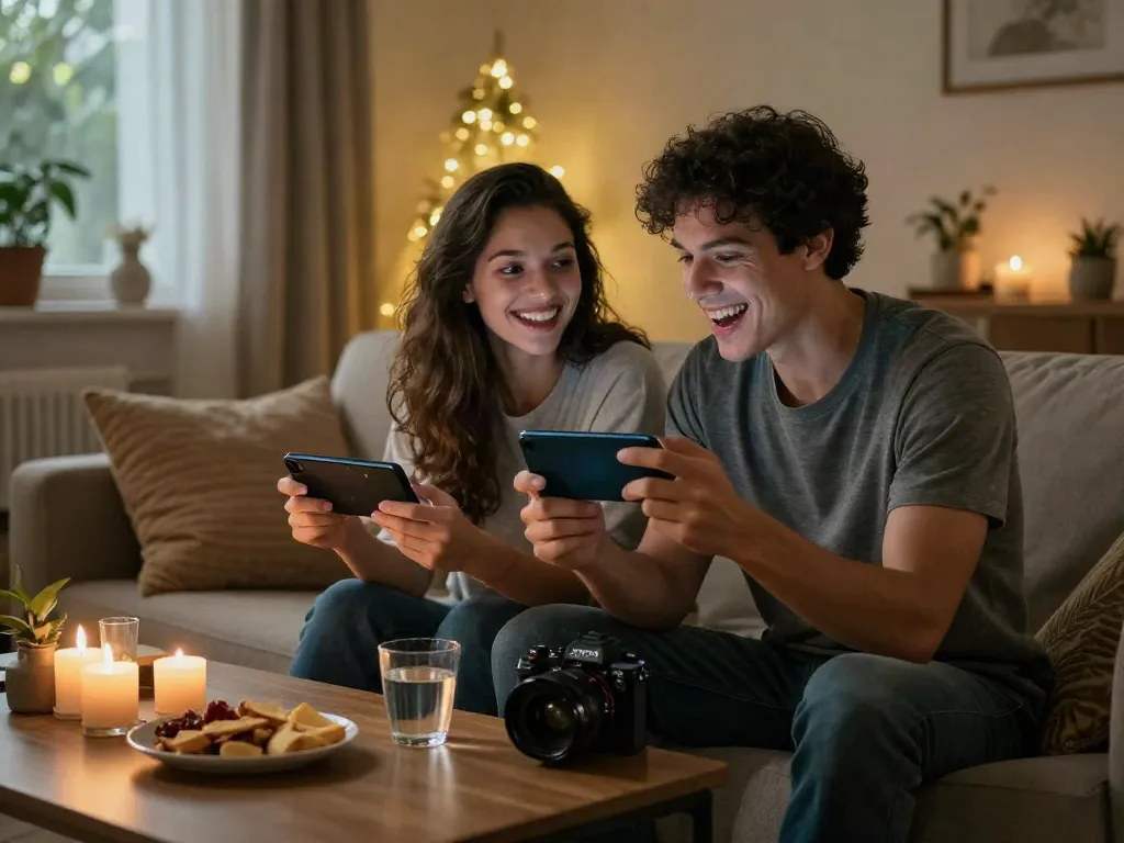 Couple enjoying playful ai sexting in a cozy living room.