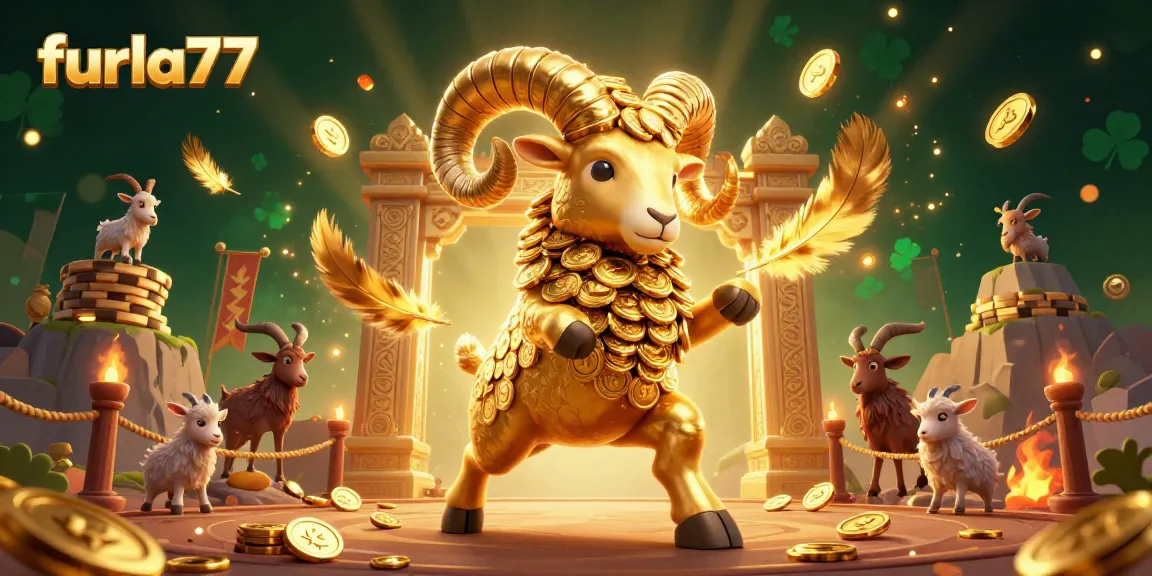 Engage with furla77 as a vibrant 3D scene showcasing a golden ram amidst dazzling gambling elements, symbolizing big wins.