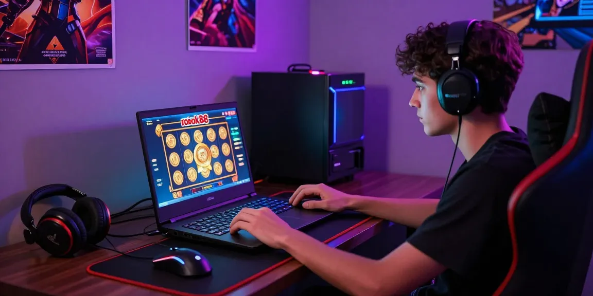 Engaging rokok88 slot gameplay on a vibrant gaming laptop in an immersive gaming room setting.