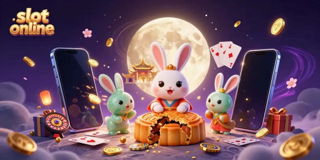 Engaging scene of slot online with a cartoon moon rabbit, poker chips, and vibrant game elements.