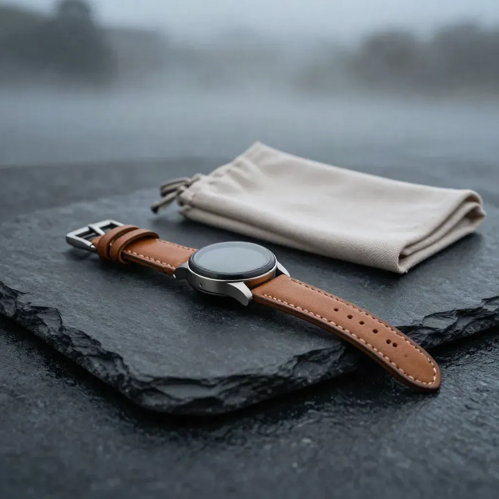 Tan leather watch band and slim case set with clasp and pins on matte-black stone in misty blue-hour light.