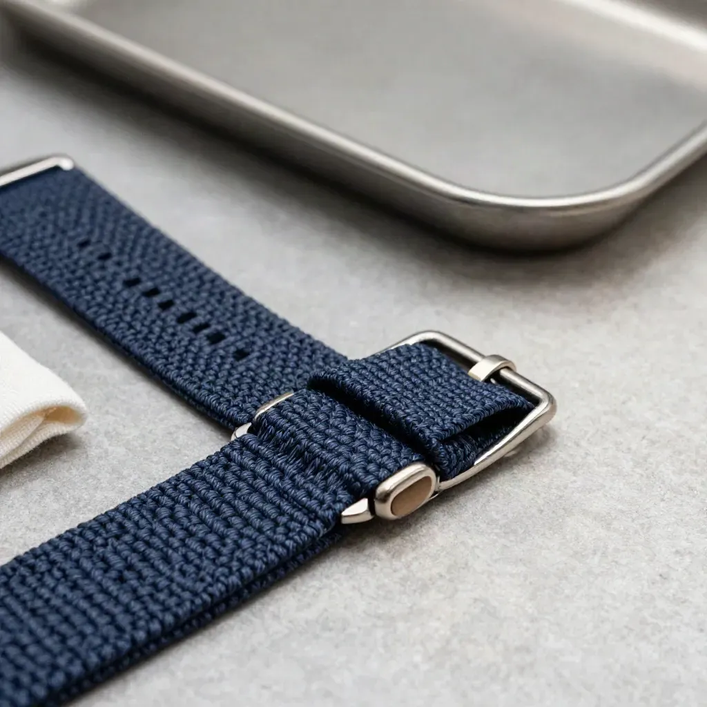 Navy woven watch band macro with metal keeper, pin, and folded cloth on ash-grey linen.