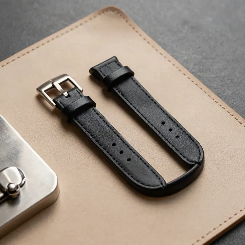 Black leather watch strap with silver buckle and rawhide offcut on a warm sand mat.