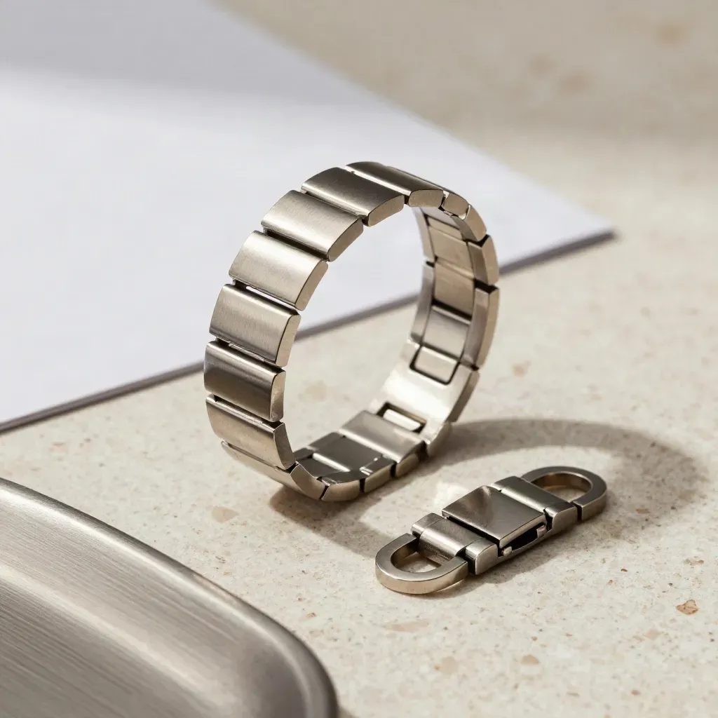 Stainless steel watch link band in a circular fan on travertine with soft studio light