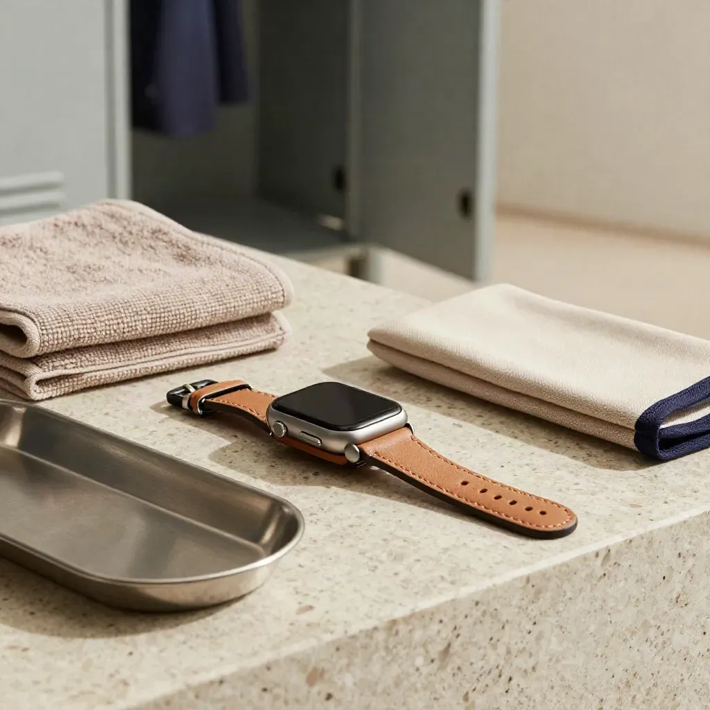 Watch band and case bundle arranged with towel, tray, pouch and smartwatch on travertine.