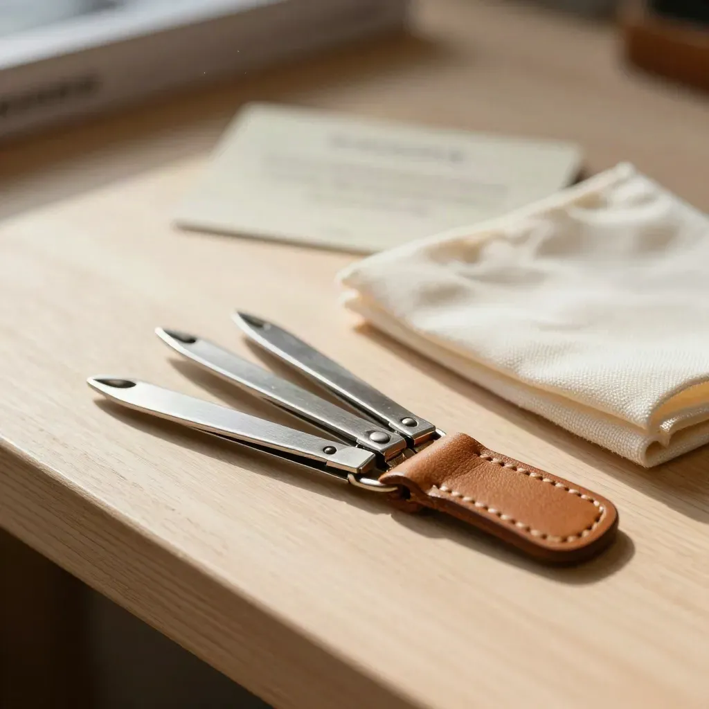 Three tiny clasps, tan leather tail, and repair cloth on pale wood with soft daylight.