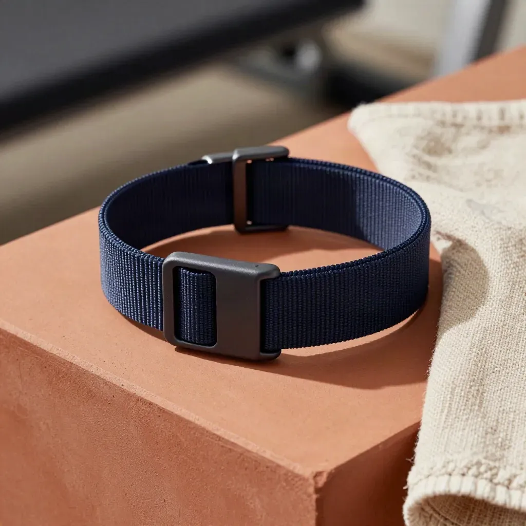 Navy nylon watch band arcing beside a towel corner on a terracotta studio surface.