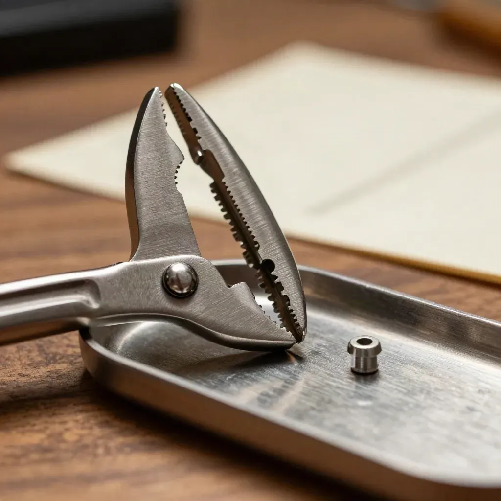 Brushed-steel watch sizing tool open beside a loose pin and link on a walnut bench.