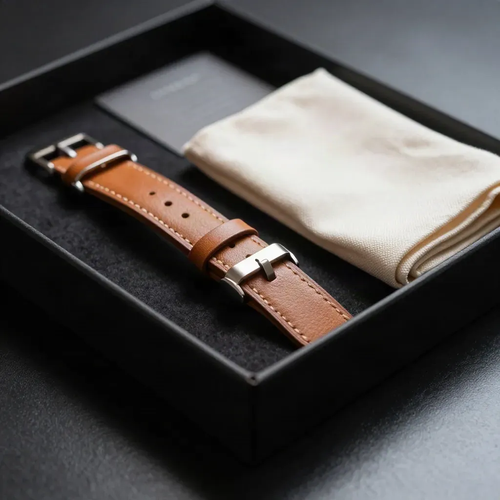 Open watch gift set tray with tan leather band, slim case, clasp pack and cloth on matte-black surface.
