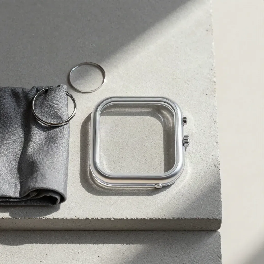 Overhead flatlay of clear watch case, ring, silhouette, and sleeve on pale concrete.