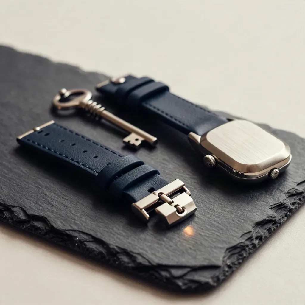 Navy watch band, protective case, and sizing kit fanned out on a dark studio surface.
