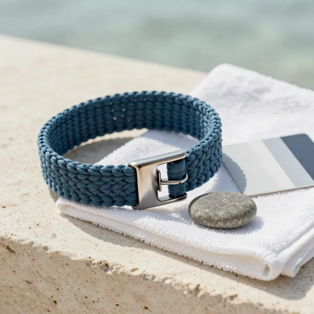 Slate-blue woven watch band on travertine with towel and pebble, coastal premium styling