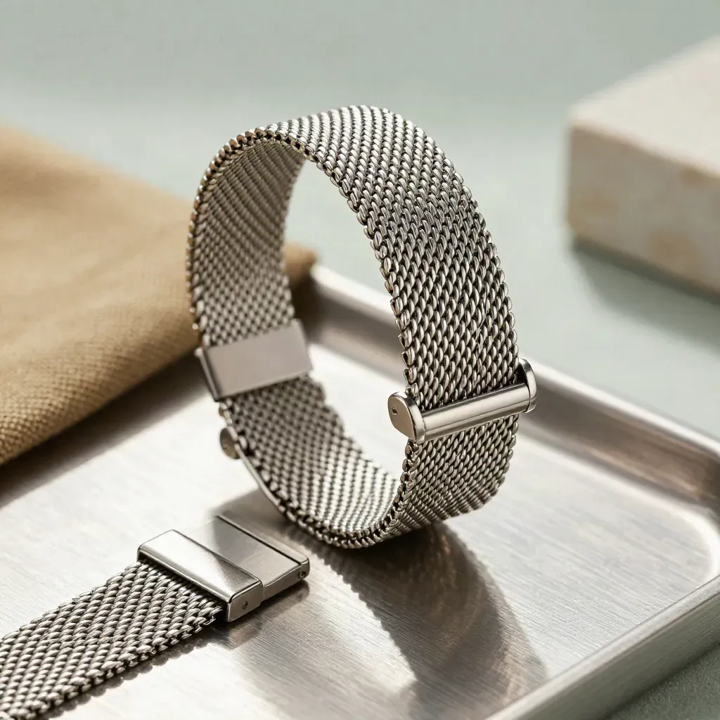 Silver Milanese mesh watch band arced over a brushed tray with a magnetic clasp.