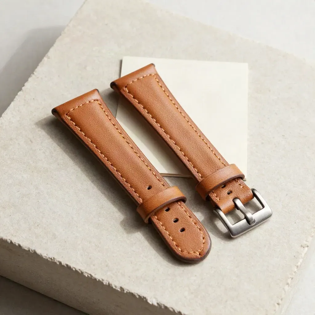 Tan leather watch strap, buckle and offcut arranged in a precise overhead flatlay on pale limestone
