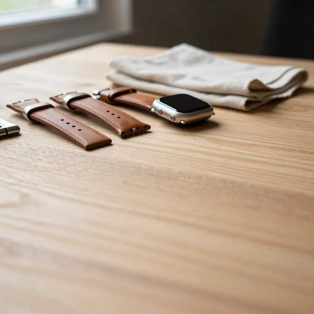 Pale oak surface with folded watch straps and linen swatches in soft window light.