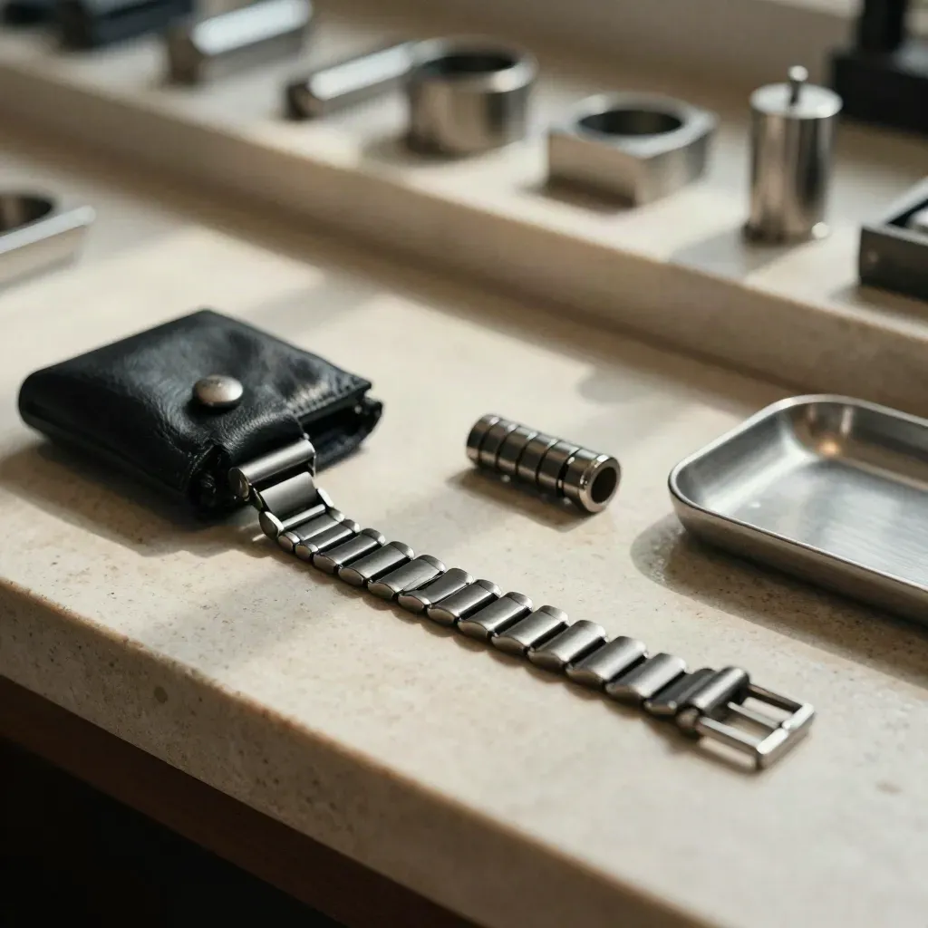 Black link watch band, tool pouch, spare link, and tray on a limestone surface.