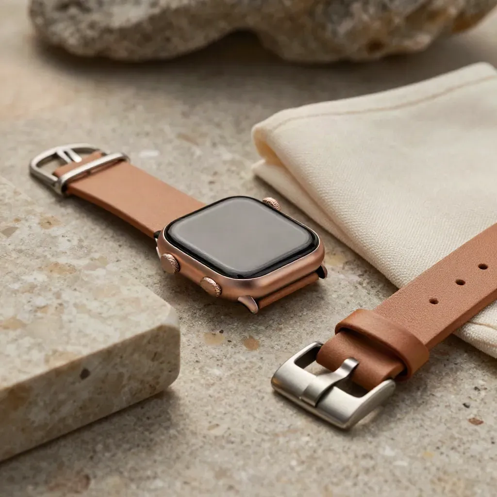Rose-gold clear watch case with pale watch body, cloth and tan leather on travertine.