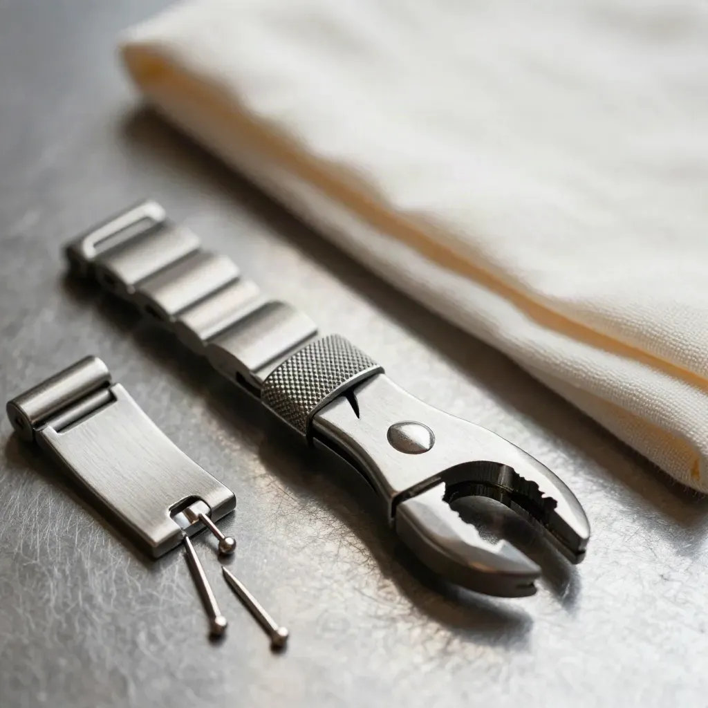 Macro of a link remover tool, spare pins, bracelet segment, and cloth on brushed steel.