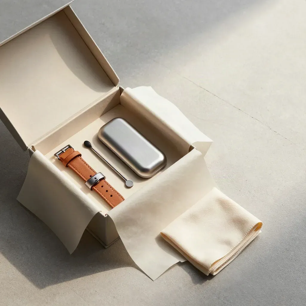 Open gift box with tan leather band, case, tool and cloth on pale concrete