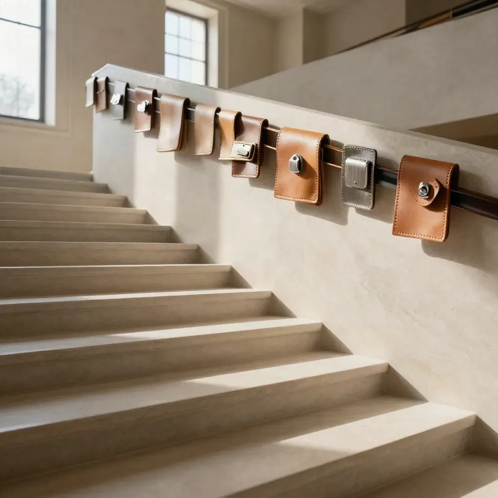 Sunlit limestone stair landing with tan leather swatches and brushed metal accents above calm stone steps.