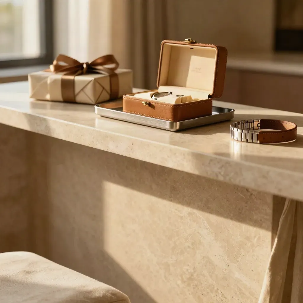 Hotel-suite console with gift-wrapped watch bands and cases in warm golden light