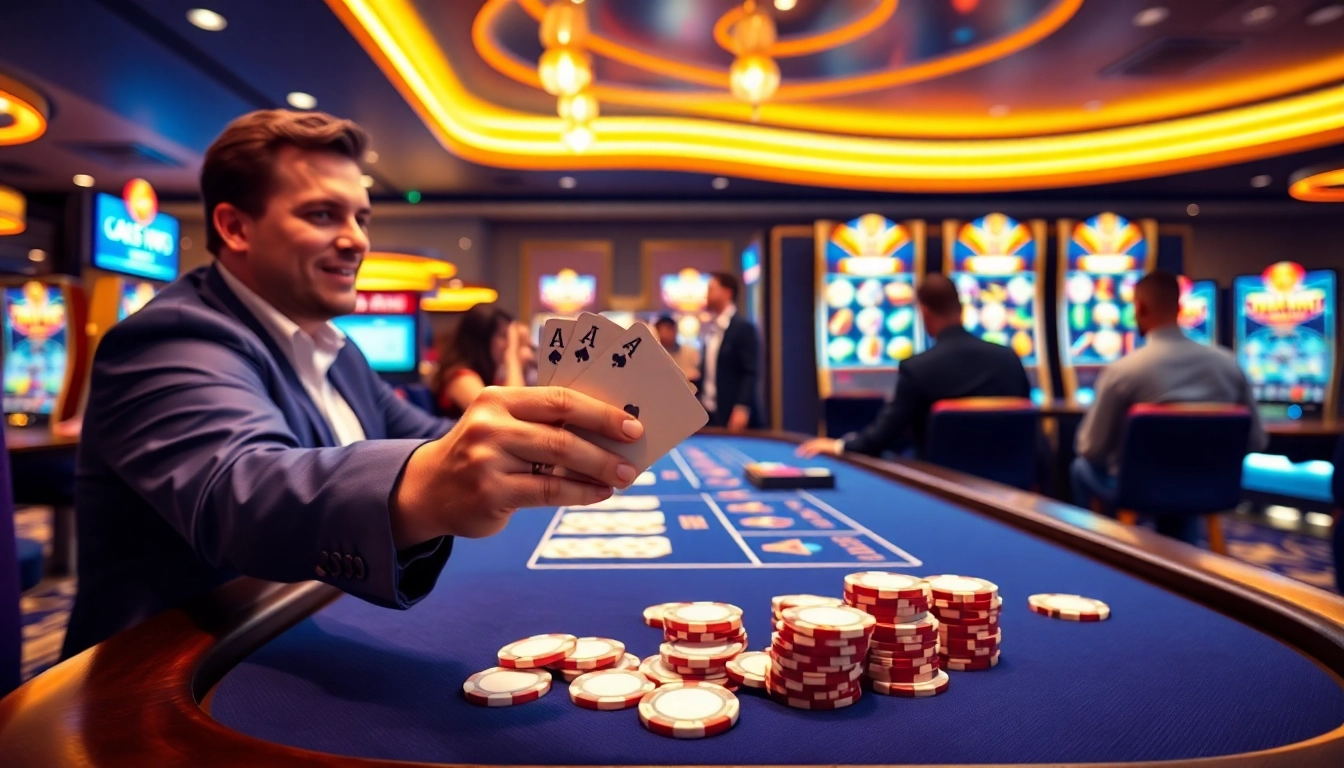 Vegas hero showcasing excitement at an online casino table with vibrant lighting and engaging atmosphere.