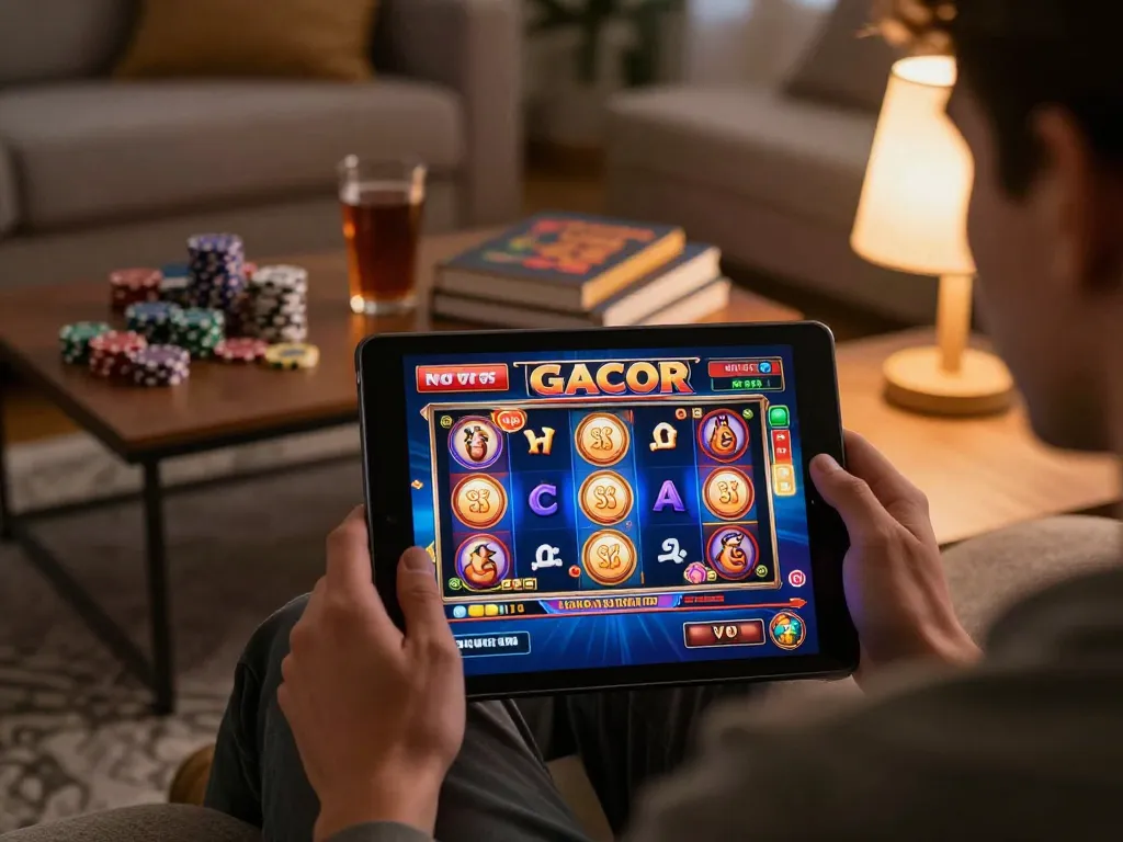 Engaging in online casino gaming exploring slot gacor options on a tablet in cozy living room setting.