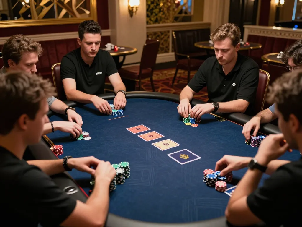 Players engaging in strategic gameplay at da88vip poker table in luxurious casino setting