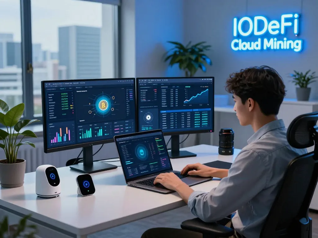 Engaging workspace showcasing IODeFi cloud mining analysis with real-time crypto dashboards.