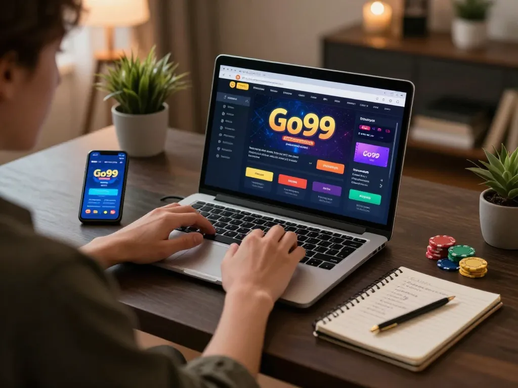 Engaging in online gaming with Go99 on a laptop while strategizing with notes and chips nearby.
