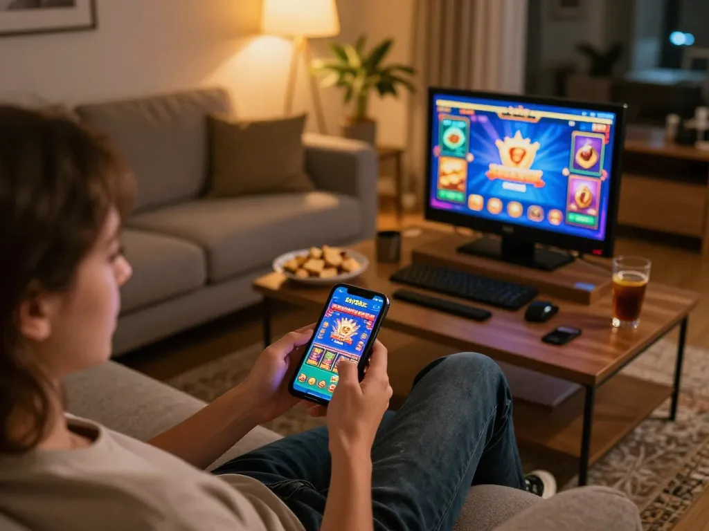Engaging with the sky88c casino app on a smartphone in a cozy home environment