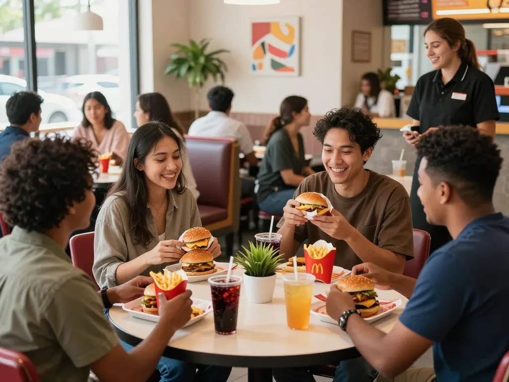 Friends enjoying fast food prices at colorful restaurant table with burgers and drinks.