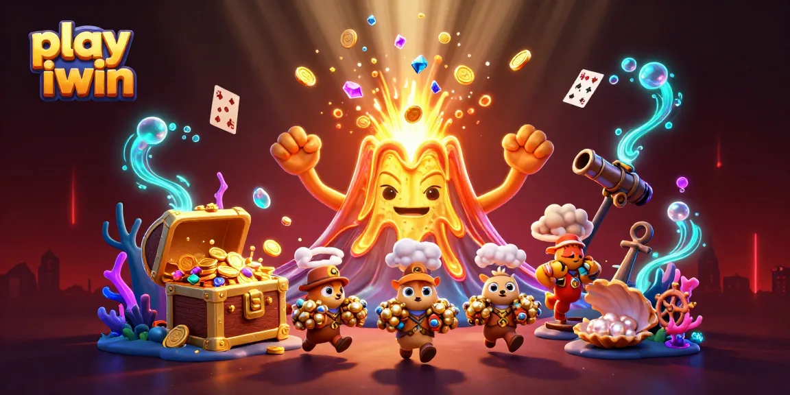 Play iwin and win treasures in this vibrant casino scene with gold coins and gems.