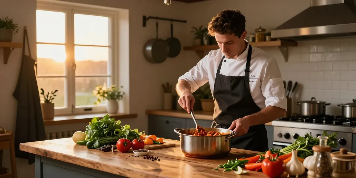 Chef, der in einer warmen Küche mit frischen Zutaten geschmackvolle Soßen kreiert.