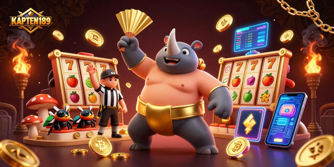 KAPTEN189 memimpin pertarungan slot online dengan tumpukan koin keemasan dan slot reel berputar.