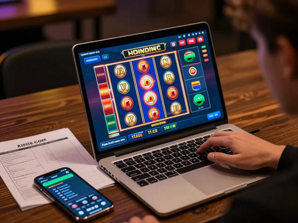 Engaging in MDG188 online slot game strategy with laptop and notes