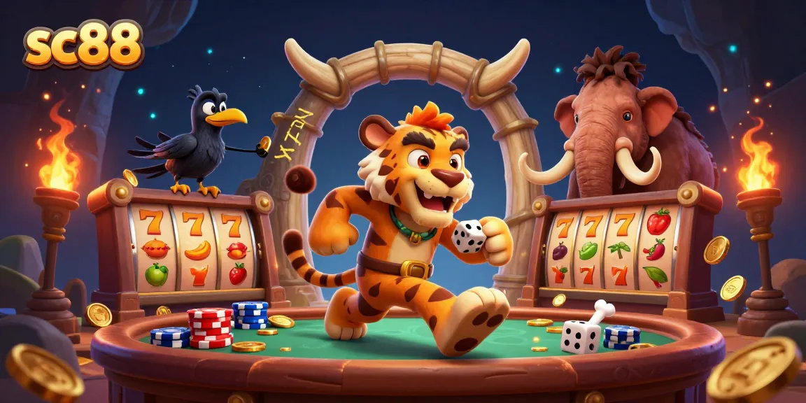 Engage with sc88's vibrant prehistoric casino featuring a caveman and sabertooth tiger.