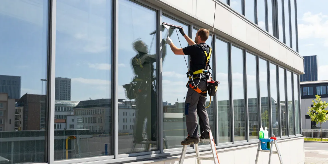 Glasreinigung in Dortmund: professioneller Fensterputzer reinigt große Glasflächen mit umweltfreundlichen Mitteln und sicherem Equipment.