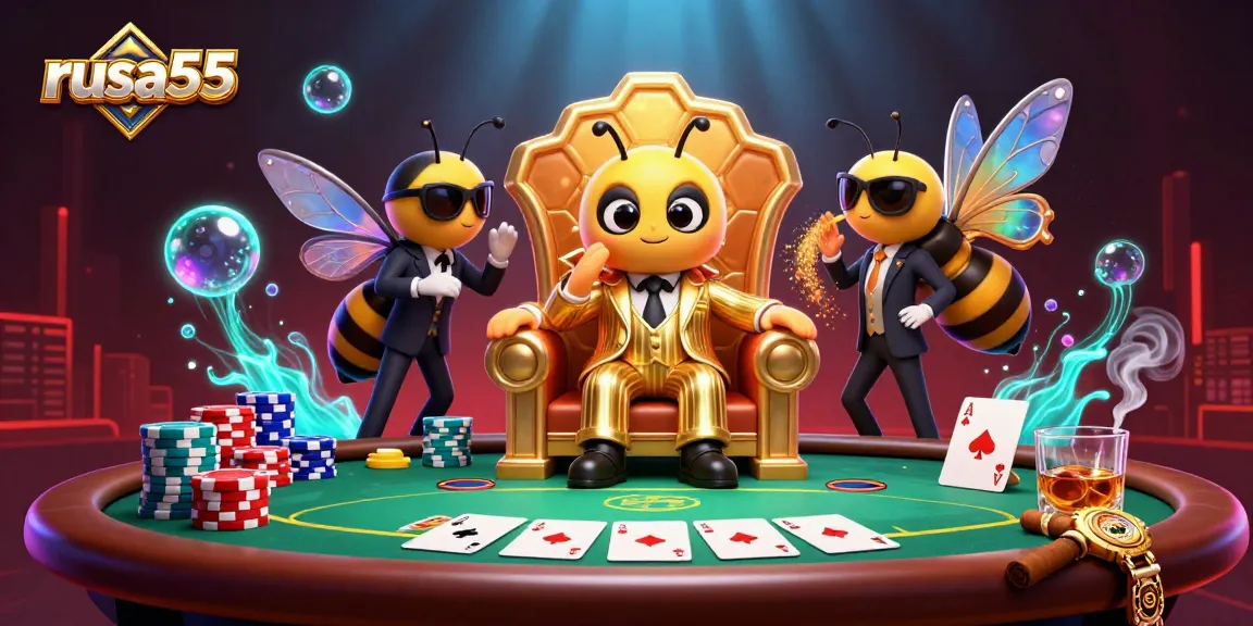 Experience exciting moments with rusa55 at a vibrant poker scene featuring a bumblebee mob boss.