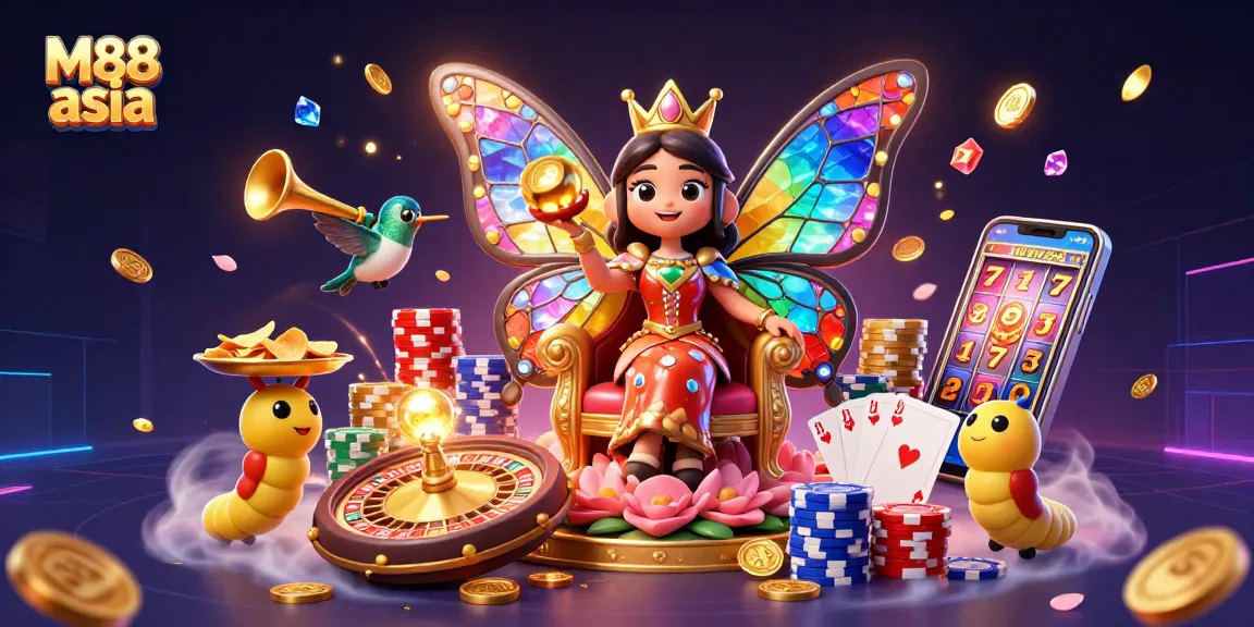 M88 asia showcases an exciting casino scene with a butterfly queen, vibrant game elements, and dynamic action.