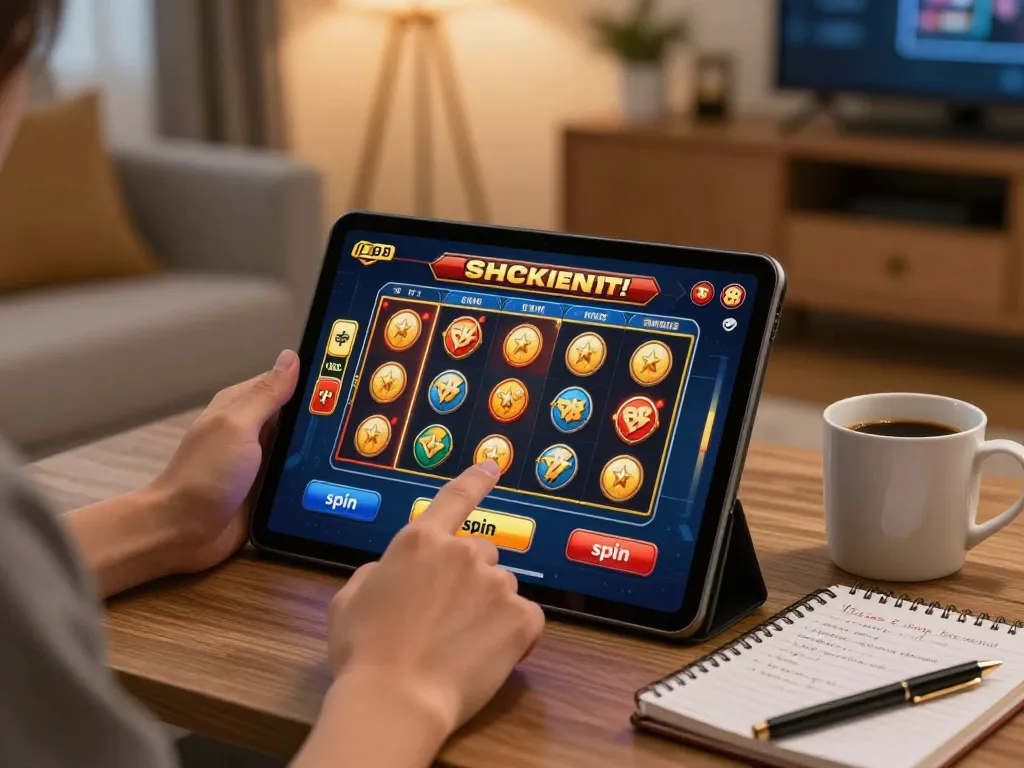 Engaging in an online slot88 resmi game at home, a player focuses on the tablet interface while tracking bankroll.
