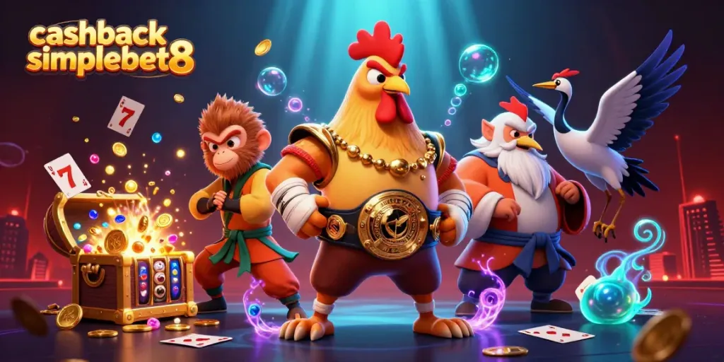 Experience thrilling gameplay with cashback simplebet8 in this dynamic casino scene featuring unique characters and vibrant slots.