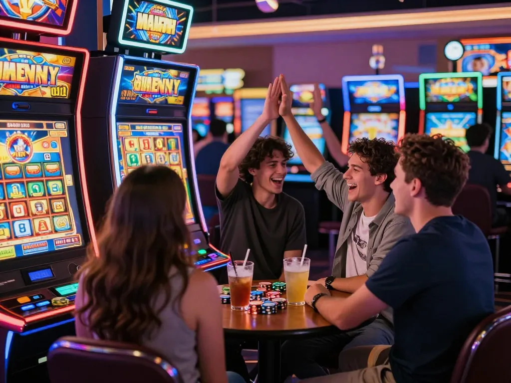 Vibrant slot gacor gaming scene with enthusiastic players celebrating wins in an exciting casino atmosphere.