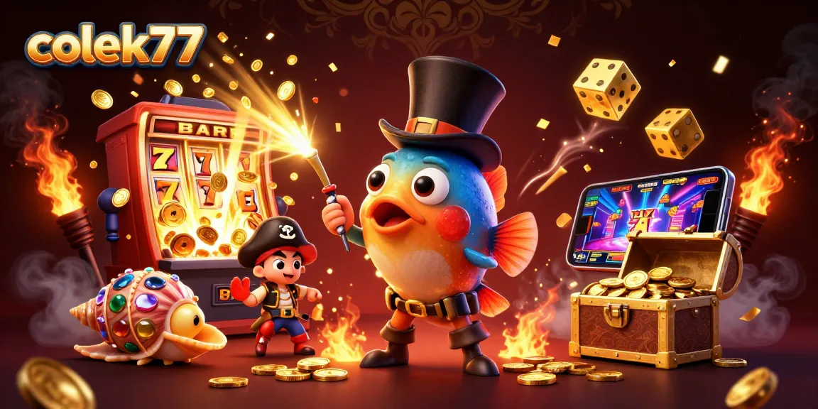 Spin the reels and win big with colek77, featuring vibrant 3D casino-themed characters and golden treasures.