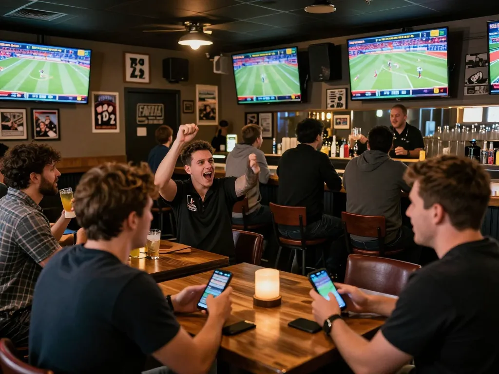 Patrons enjoy vibrant sports betting atmosphere with debet betting apps during live games.
