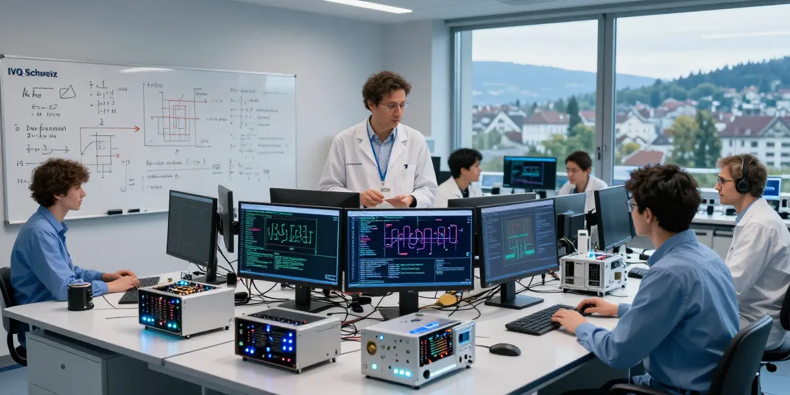 Team in a quantum computing lab discussing IVQ Schweiz innovation.